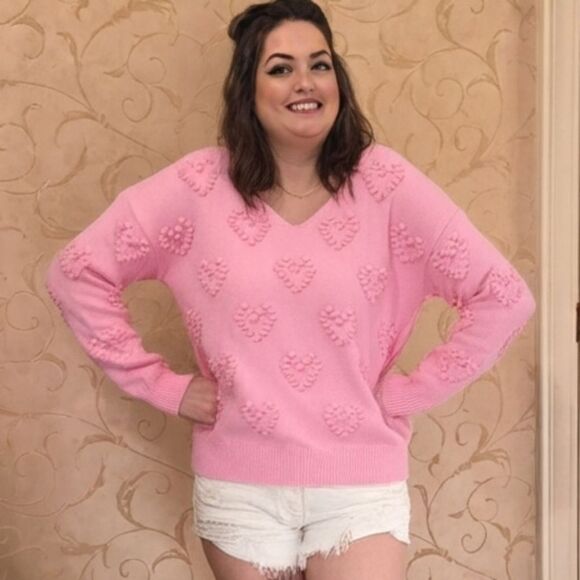 BiBi Pompom V Neck Knit Top Pale Pink Heart Pattern Sweater Sz Medium [6-8] - Picture 10 of 15